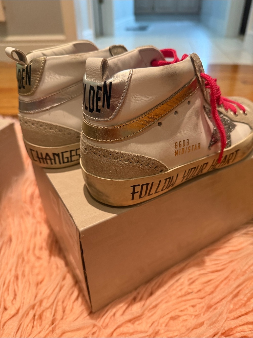 Golden Goose White High-Top Sneakers with Hot Pink Laces and Silver Glitter Star - Picture 5 of 11